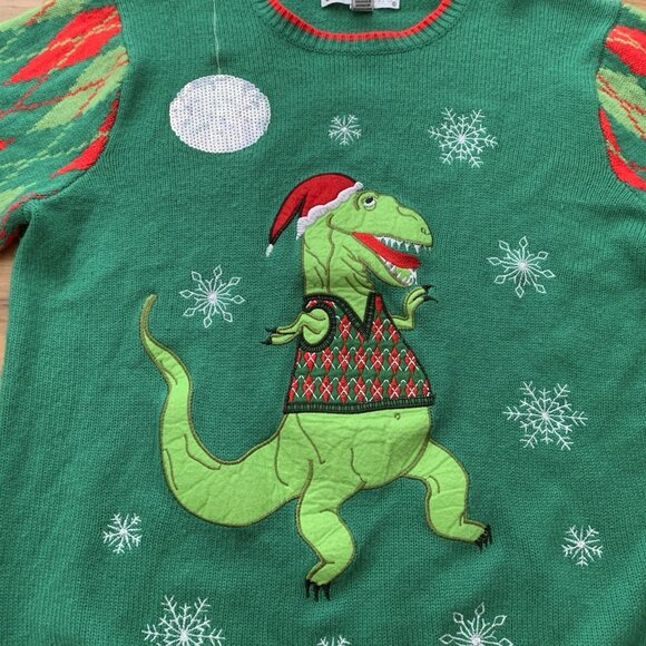 Jolly Sweaters Green Red T-Rex Dinosaur Christmas Sweater Argyle Men’s Large - Picture 2 of 11